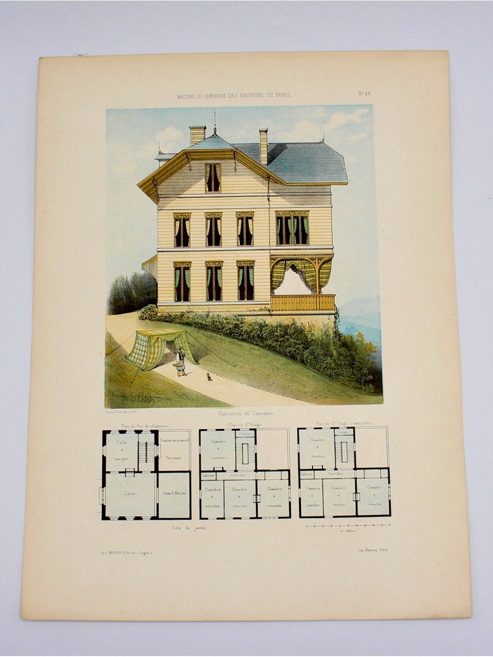 19th Century French Architectural Handcolored Lithograph Print Victor Petit